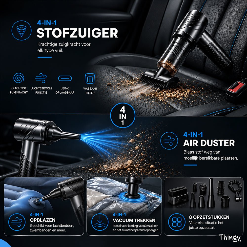 Thingy® Premium 4-in-1 Auto Stofzuiger | Zuigen, Blazen, Opblazen & Vacuüm Trekken - Thingy
