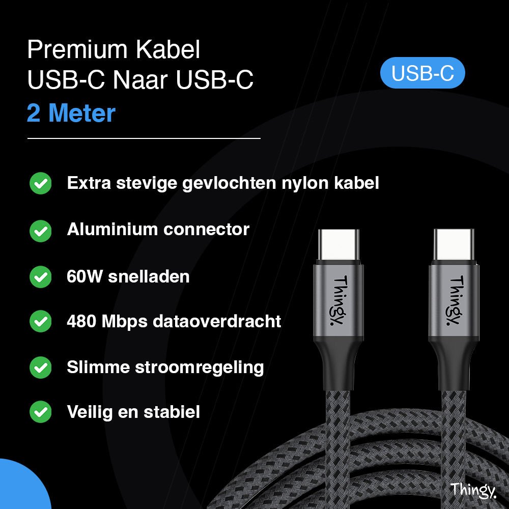 Thingy® Premium USB - C naar USB - C Kabel 2 Meter - Thingy